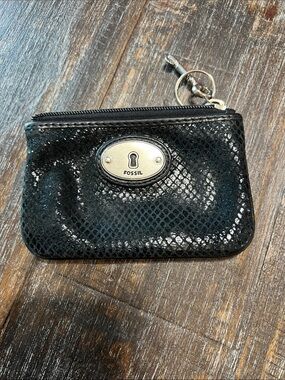 Fossil Black Snake-Embossed Zip Key Coin Pouch with Silver Hardware